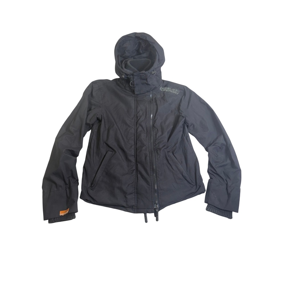 Superdry Windcheater Jacket Small Black Triple Zip Hooded Moto Gorpcore Coat